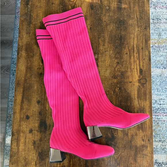 Shoes - Pink Heeled Boots with Chunky Heel and Knit Upper
